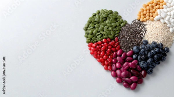 Fototapeta Heart shape made of pumpkin seed chickpea quinoa chia seed blueberry goji berry kidney bean grape white bean sesame seed, arranged light gray background with copy space for healthy diet inspiration