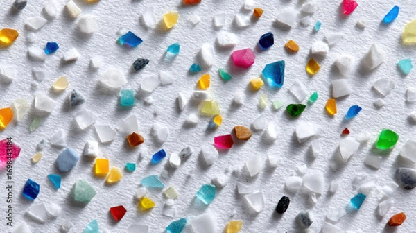Fototapeta Microplastic plastic fragment colorful scattered white background texture closeup abstract Tiny colorful plastic fragment scattered white background, closeup texture with sharp detail and subtle