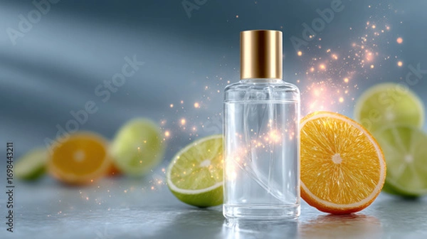 Fototapeta Citrus transparent serum bottle double exposure orange lemon lime sparkle transparent serum bottle with double exposure citrus slices, soft bokeh, and golden sparkle light glossy surface