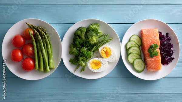 Fototapeta Fresh tomato asparagus broccoli green bean boiled egg salmon cucumber red cabbage parsley balanced meal healthy low carb protein vegetable lunch dinner plate blue wood overhead flat lay clean