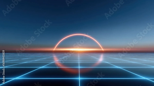 Fototapeta Futuristic horizon neon grid glowing arc sunrise sci fi landscape blue sky reflective surface laser light digital scene minimal design evoke calm wonder over sleek virtual plane