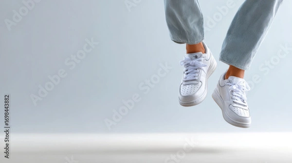 Fototapeta White sneaker jump feet motion jeans minimal clean studio casual energy. White sneaker jump with feet motion and jeans minimal clean studio, casual energy and playful vibe, dynamic midair pose