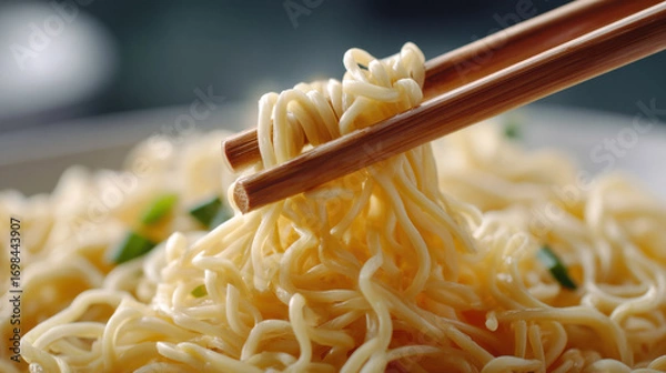 Fototapeta Steaming noodles chopsticks closeup Asian cuisine comfort food savory soft focus broth lunch dinner. Steaming noodles lifted by chopsticks closeup, warm and savory, soft focus depth and gentle