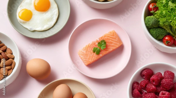 Fototapeta Sunny side egg salmon raspberry almond broccoli tomato lettuce egg breakfast protein