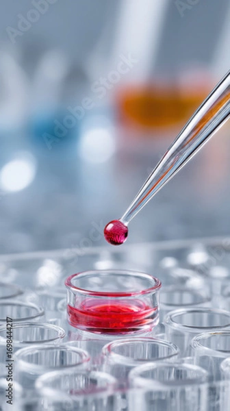 Fototapeta Red droplet pipette microplate laboratory science research experiment sterile precision clear vessel. Red droplet enters microplate well laboratory, science research experiment shows sterile