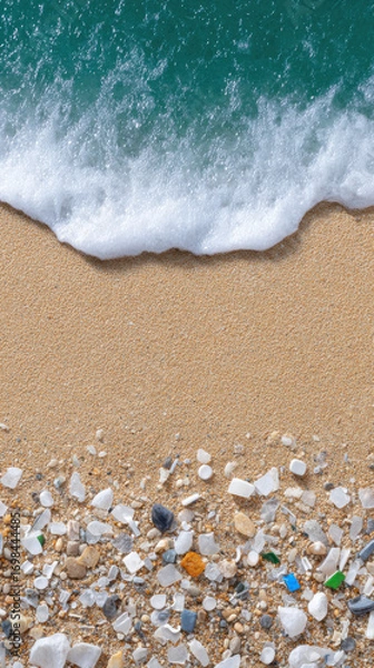 Fototapeta Sandy beach ocean wave shoreline marine debris plastic pollution microplastic seafoam turquoise water coastal cleanup environmental issue gently frame calm yet urgent coastal scene with textured