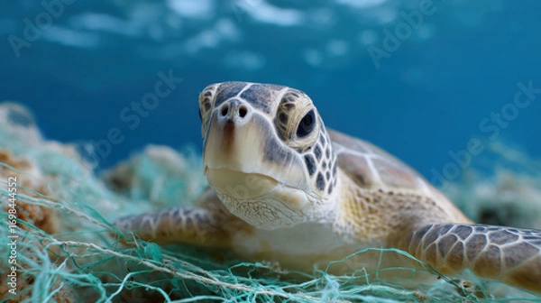 Fototapeta Sea turtle marine wildlife underwater plastic pollution tangled net ocean conservation debris aquatic endangered