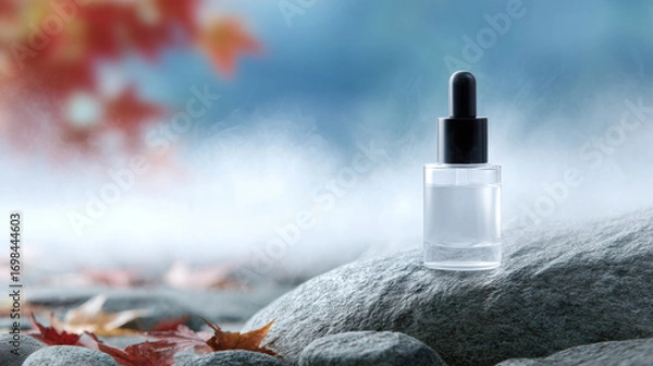 Fototapeta Serum bottle glass dropper stone surface mist autumn leaves blue background minimal skincare cosmetic beauty product in serene, misty autumn scene on smooth stones with soft light and calm mood