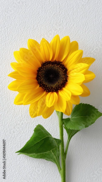 Fototapeta Single yellow sunflower white background closeup botanical vibrant natural minimal fresh isolated flora. Cheerful bloom with golden petals, dark center, green stem, and leaves, clean studio look