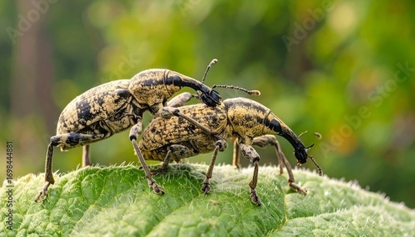 Fototapeta Two beetles mating on a leaf