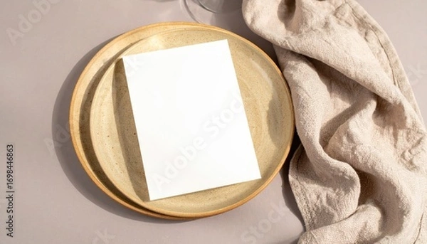 Fototapeta Blank Menu Card Mockup on Ceramic Plate with Linen