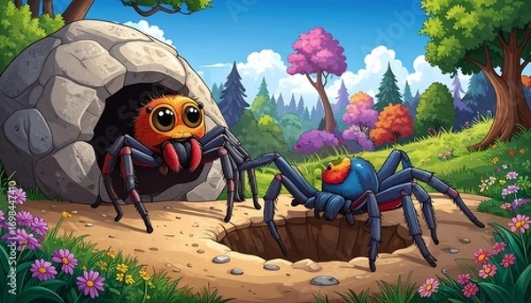 Fototapeta Two colorful jumping spiders near a cave in a vibrant forest