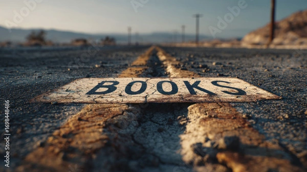 Fototapeta Word "BOOKS" embedded in asphalt on a long empty road, evoking themes of learning, solitude, and direction. Ideal for education and motivation concepts