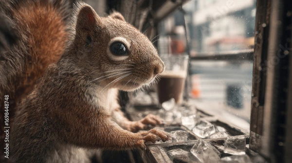 Fototapeta A squirrel sits on an urban windowsill, gazing outside with a curious look, next to ice cubes and a glass of drink. The contrast between nature and city life feels poetic