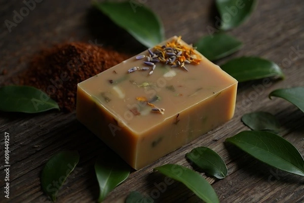 Obraz Handmade Soap with Lavender and Calendula on Rustic Wood Surrounded by Green Leaves