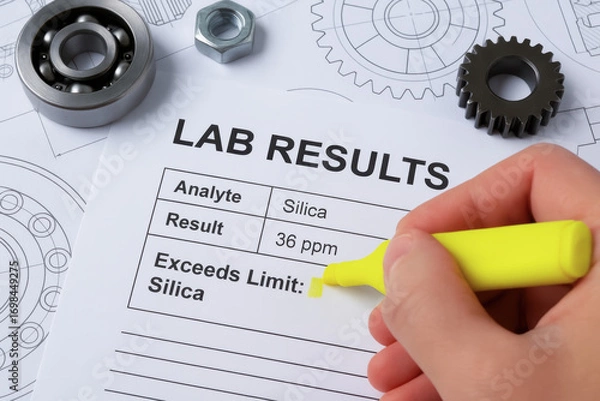 Fototapeta Lab results sheet with analysis of silica and oil contamination in industry report highlighted for urgent attention