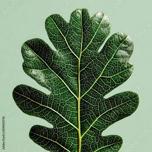 Fototapeta Detailed close-up of a vibrant green leaf, showcasing intricate vein patterns against a soft mint backdrop.