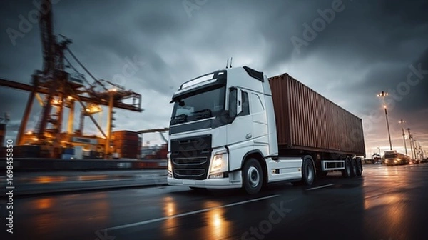 Fototapeta Logistics on the move: A transport truck swiftly carries cargo, emphasizing speed and reliability in global trade. Delivering goods under a dramatic sky.