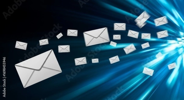Fototapeta Dynamic email marketing concept with flying envelopes on a vibrant blue background