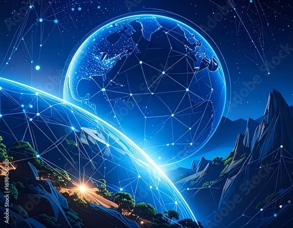 Fototapeta Two globes connected by a network, night sky