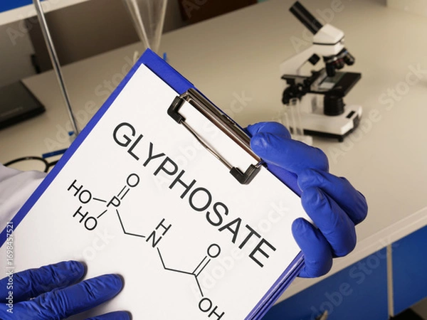 Fototapeta Glyphosate is shown using the text and formula. Glyphosate - molecule of non-selective systemic herbicide used for weed control