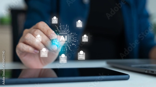 Obraz Businesswoman using tablet with artificial intelligence, AI recruitment technology, and digital HR management. Concept of automation, people analytics, hiring process, and modern business innovation.