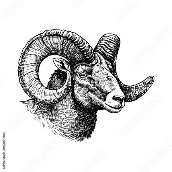 Fototapeta Hand-drawn Wild Sheep with Curled Horns, Vintage Mountain Mammal Etching, Monochrome Animal Print, Wilderness Wall Decor, Rustic Illustration, Black Sketch, Nature Artwork.
