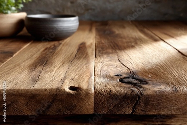 Fototapeta Rustic wooden table close-up with ceramic bowl on natural wood grain surface