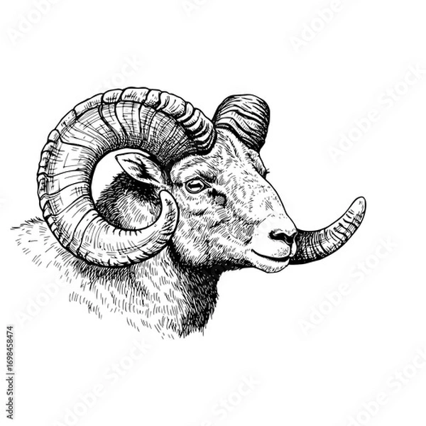 Fototapeta Hand-drawn Wild Sheep with Curled Horns, Vintage Mountain Mammal Etching, Monochrome Animal Print, Wilderness Wall Decor, Rustic Illustration, Black Sketch, Nature Artwork.