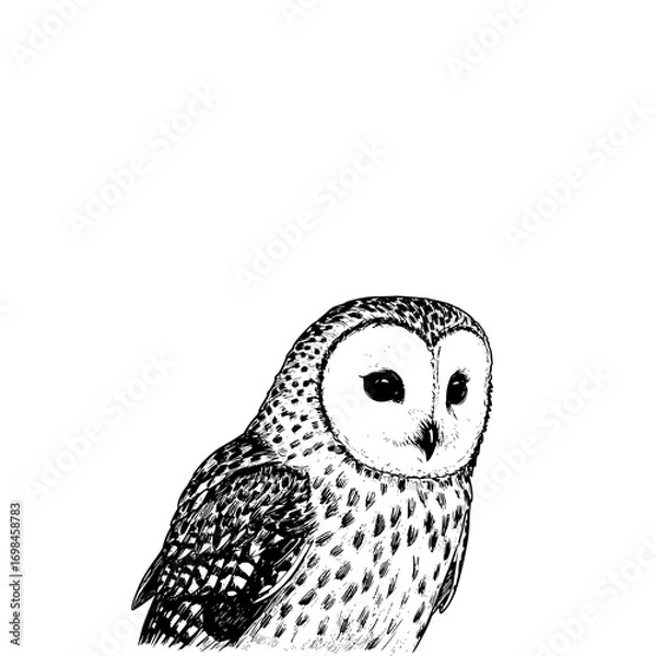 Fototapeta Owl in old engraving style, vintage wildlife art, black sketch bird print, trendy design, white background, nature illustration