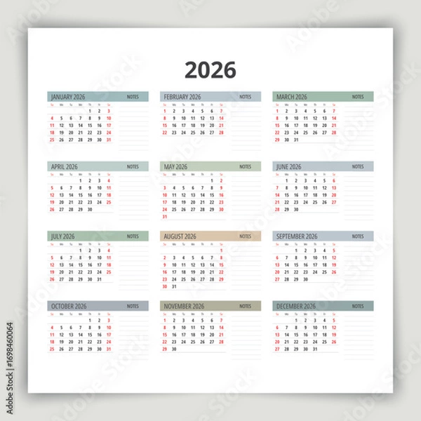Fototapeta 2026 calendar with notes for write. A vector collection of English monthly page twelve months. Week start Sunday