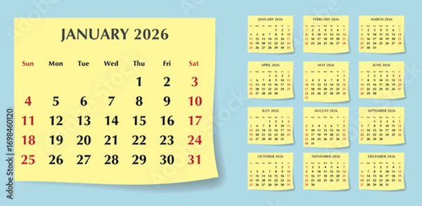 Fototapeta 2026 calendar with yellow stickers. A vector collection of English pages. Design with Sunday start