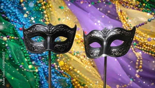 Fototapeta Two ornate black masquerade masks against a backdrop of Mardi Gras beads and fabrics