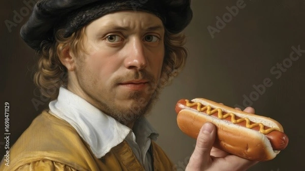 Fototapeta Man with curly hair dressed in historical attire holds a hot dog with mustard. Background features soft lighting, creating a unique blend of traditional and contemporary themes