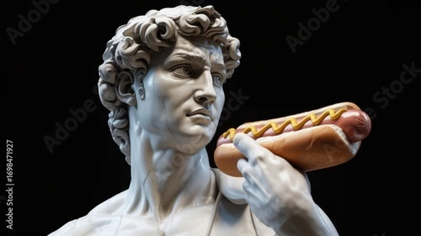 Fototapeta A famous marble sculpture of David is modernized with a playful twist, holding a hot dog with mustard, showcasing a blend of art and humor in a minimalist setting