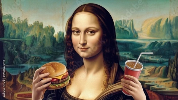 Fototapeta Mona Lisa, iconic figure in art, holds a burger in one hand and a drink in the other, blending classic and modern themes in a tranquil landscape background