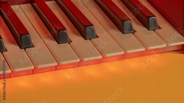 Fototapeta Keys of a keyboard instrument (piano, grand piano, synthesizer) with warm orange backlight. Atmospheric live music, evening concert, or relaxing easy listening cover.