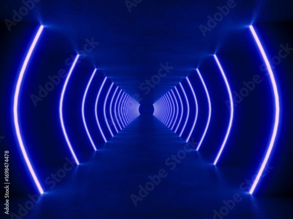 Fototapeta Blue modern lighting with interior empty space, 3d rendering sci-fi concept