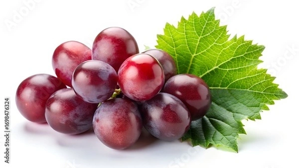 Fototapeta Fresh ripe red grapes bunch with two green leaves isolated on white