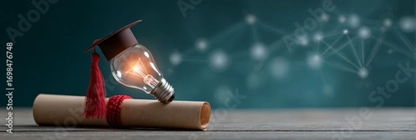 Fototapeta Light bulb wearing a graduation cap sits on a rolled up diploma, symbolizing innovative education and the power of ideas with a network representing artificial intelligence in the background
