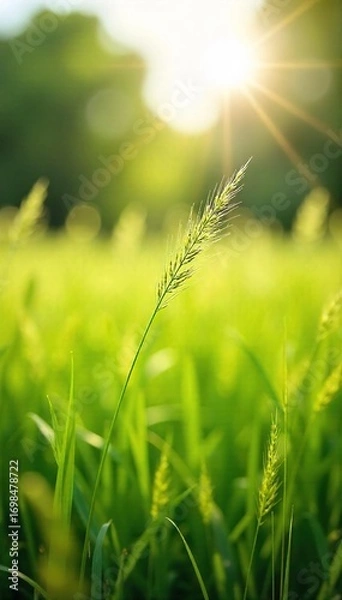 Fototapeta Gentle summer breeze ruffling the tall grass in a sun-drenched meadow Perfect for themes of nature, peace, tranquility, and the beauty of simple things , swaying, idyllic