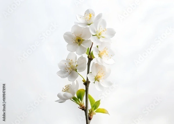 Fototapeta Delicate white blossom branch with subtle pink hues on a clean backdrop