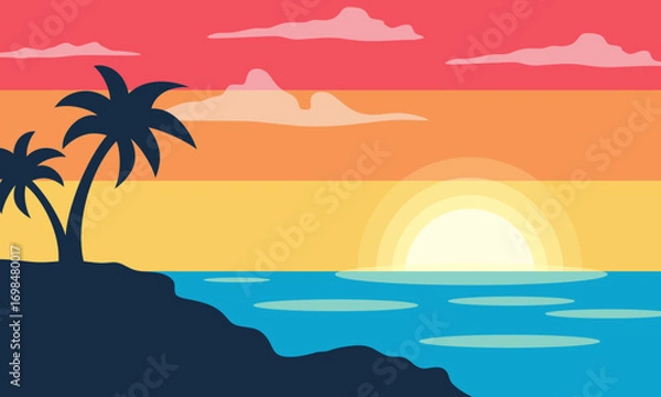 Fototapeta Sunset Beach Background with palm tree