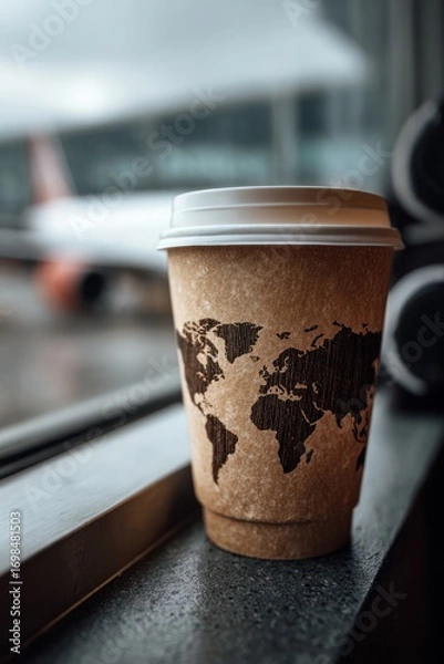 Fototapeta A disposable coffee cup, adorned with a world map design, sits on a windowsill, overlooking a blurry airport scene.