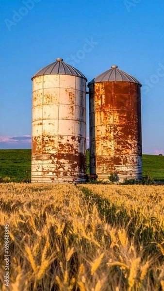 Fototapeta Two weathered grain silos in a golden wheat field at sunset