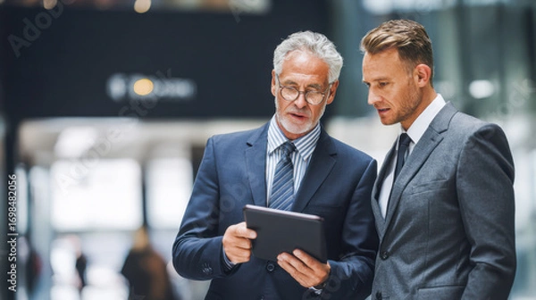 Fototapeta Senior financial analysts discussing earnings report in a corporate office environment