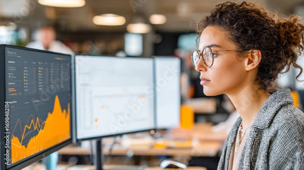Fototapeta Focused financial analyst reviewing earnings reports during a busy workday in an office