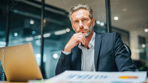 Fototapeta Financial analyst contemplating critical earnings report in modern office environment