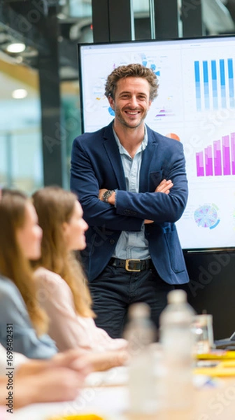 Fototapeta Successful business meeting showcasing a project manager leading a presentation with confidence