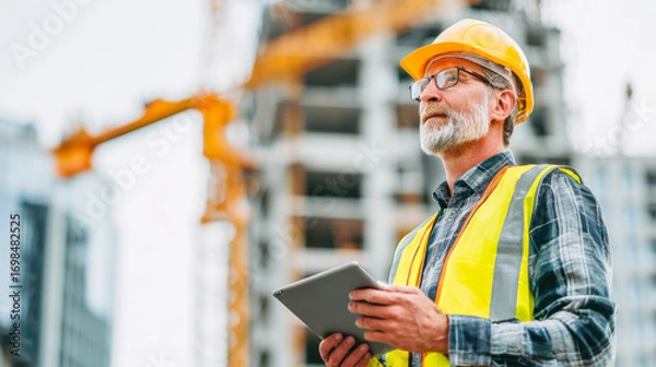 Fototapeta Experienced project manager overseeing construction site activities with precision and focus